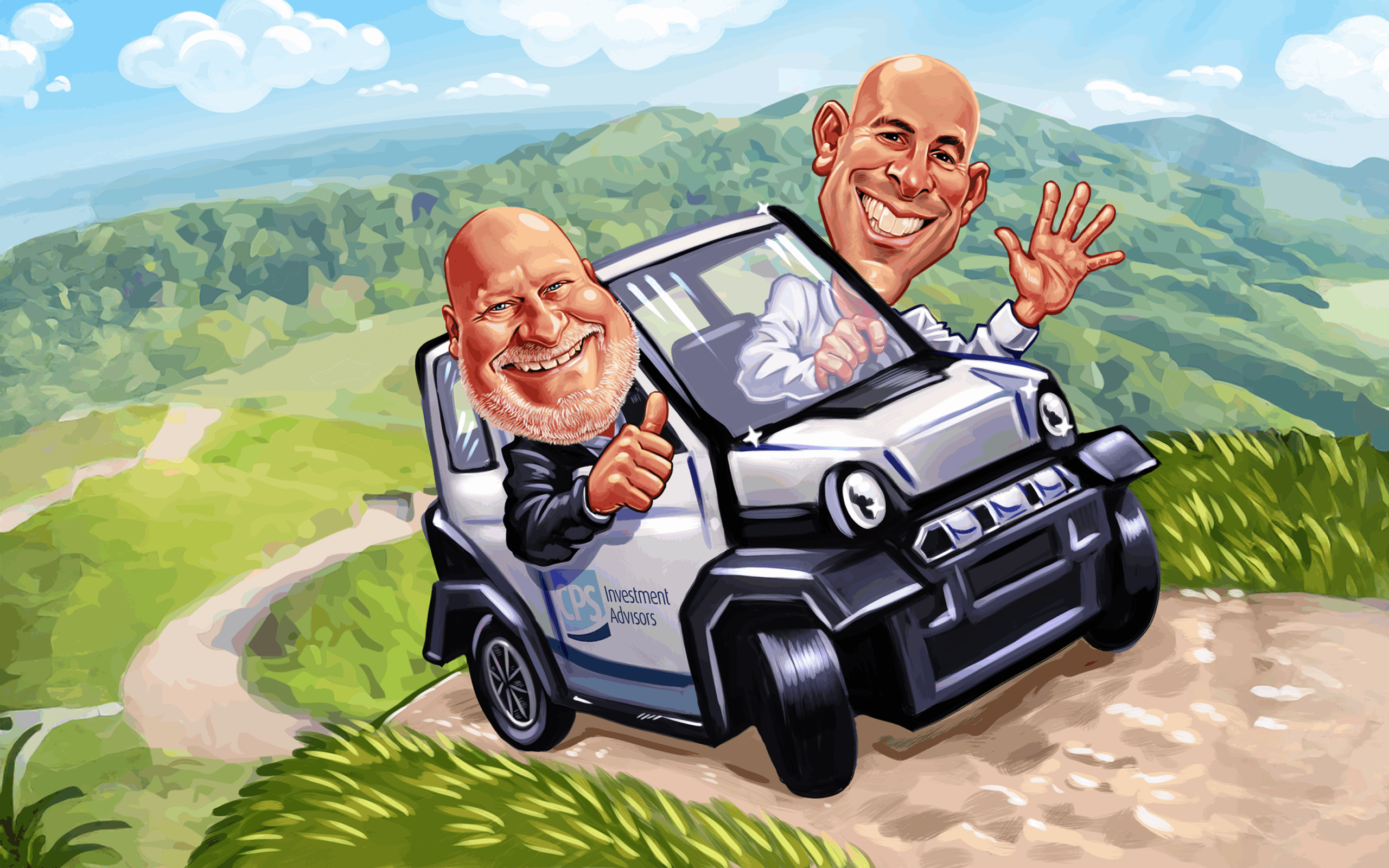 Pete and Mike as cartoons driving in a CPS car on a road to promote The Road to Financial Independence podcast